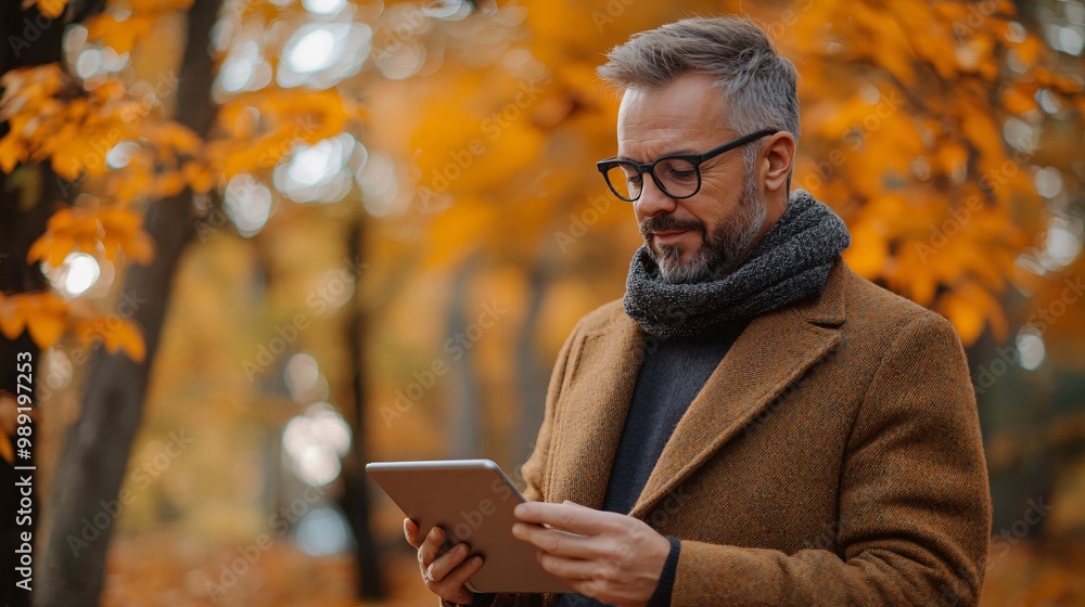Confident Professional in Stylish Attire Using Tablet Outdoors During Fall Season Confident Professional in Stylish Attire Using Tablet Outdoors During Fall Season