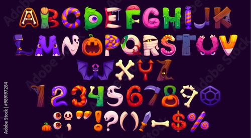 Halloween font, cartoon evil type, funny scary typeface, spooky alphabet of Helloween monster letters and numbers. Vector typography font of Halloween ghost, pumpkin, bat and mummy abc characters