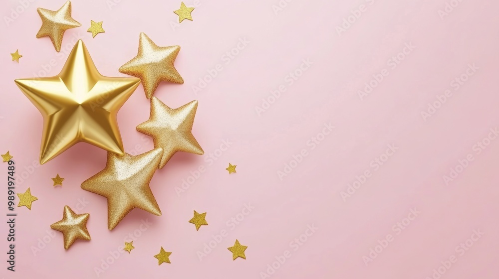 Obraz premium Golden star balloons on pastel pink background for celebrations