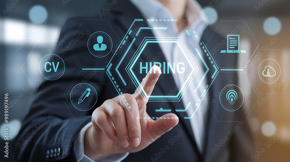 person pushing a hiring button, we are hiring, job opportuinty, job recruitment, HR, join our team person pushing a hiring button, we are hiring, job opportuinty, job recruitment, HR, join our team