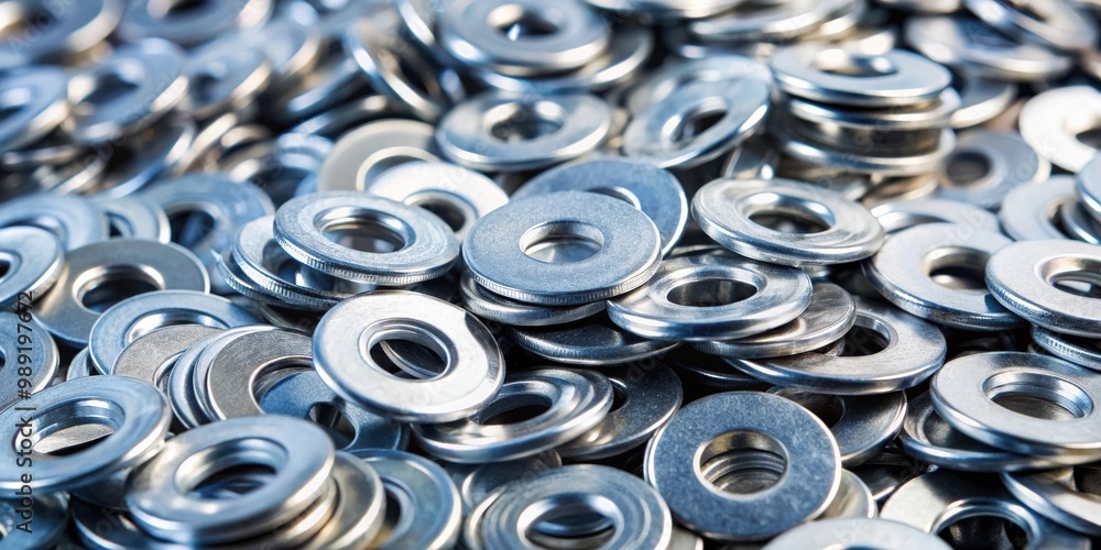 A close-up shot of a pile of shiny galvanized steel washers A close-up shot of a pile of shiny galvanized steel washers