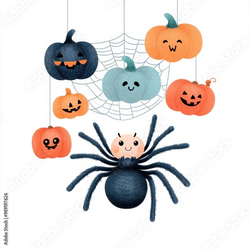 Halloween-themed illustrations of pumpkins and a spider on a white background. photo