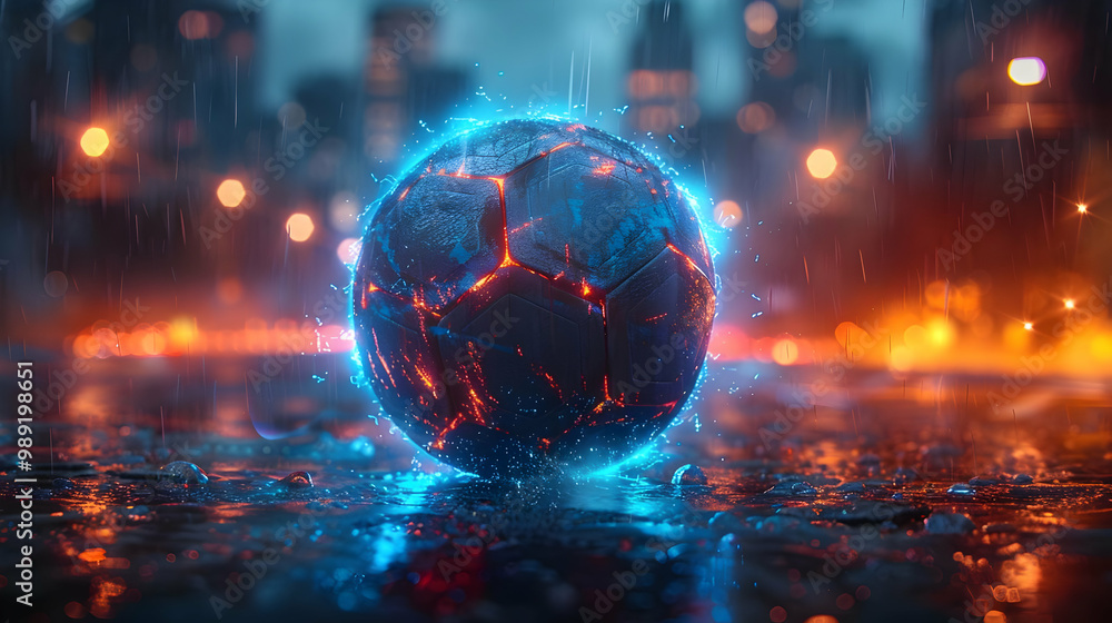 Glowing Soccer Ball in the Rain - 3D Illustration Glowing Soccer Ball in the Rain - 3D Illustration