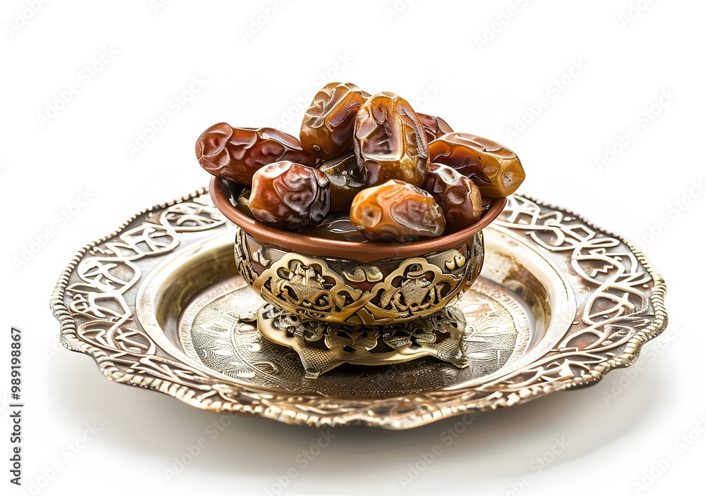 Dates in Ornate Arabic Plate and Bronze Bowl Dates in Ornate Arabic Plate and Bronze Bowl