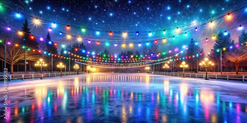 A magical ice skating rink at night with colorful lights and snowy ground creating a festive atmosphere