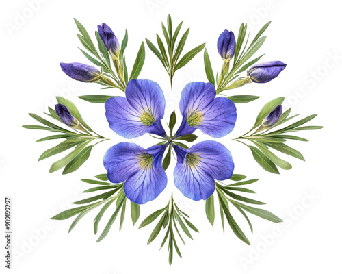 Vibrant blue flowers surrounded by green foliage, white isolated background. transparent background