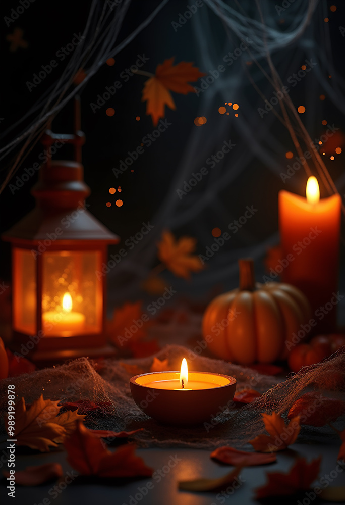 Obraz premium Atmospheric still life with lit lanterns, pumpkin, and autumn leaves on dark background. for fall designs, Halloween decor inspiration, or cozy seasonal mood settings.