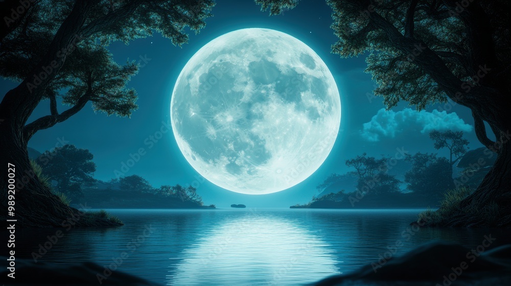 A luminous, ethereal moon casting an otherworldly glow over a serene, mystical lake, surrounded by ancient trees. A luminous, ethereal moon casting an otherworldly glow over a serene, mystical lake, surrounded by ancient trees.