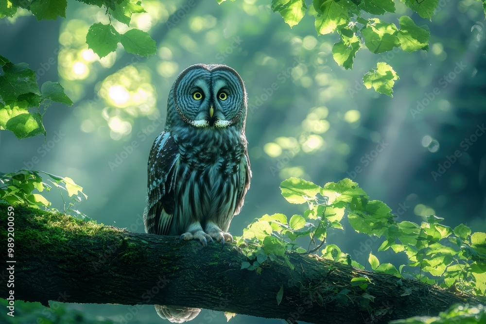 Fototapeta premium Grey Owl Perched on a Branch in a Sunlit Forest