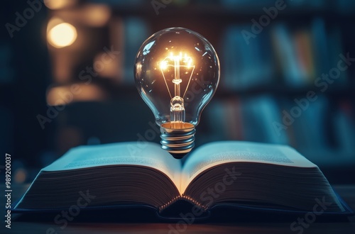 Open book with glowing lightbulb - Symbol of knowledge and ideas