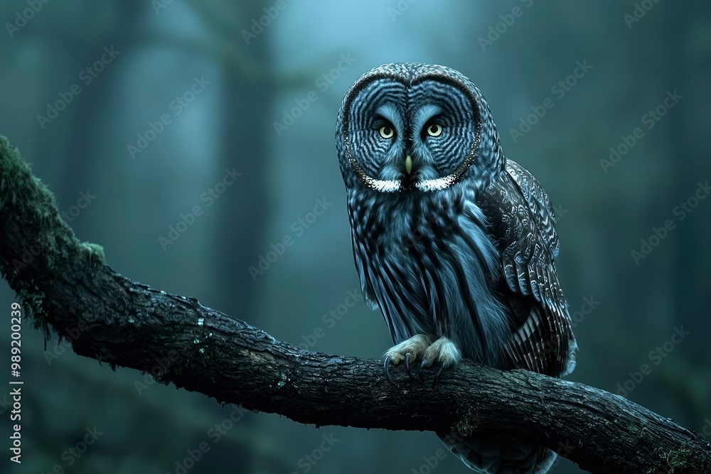 Fototapeta premium A Gray Owl Perched on a Branch in a Foggy Forest
