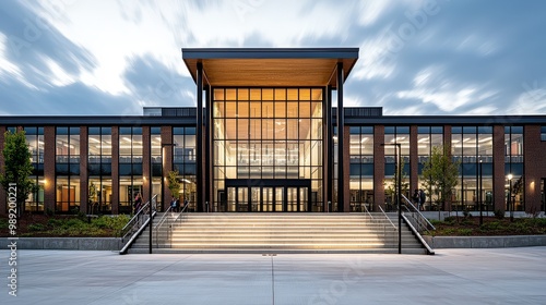 The building is a large, modern structure with a lot of glass windows. The entrance is grand and inviting, with a staircase leading up to it. The building is surrounded by trees, giving it a natural