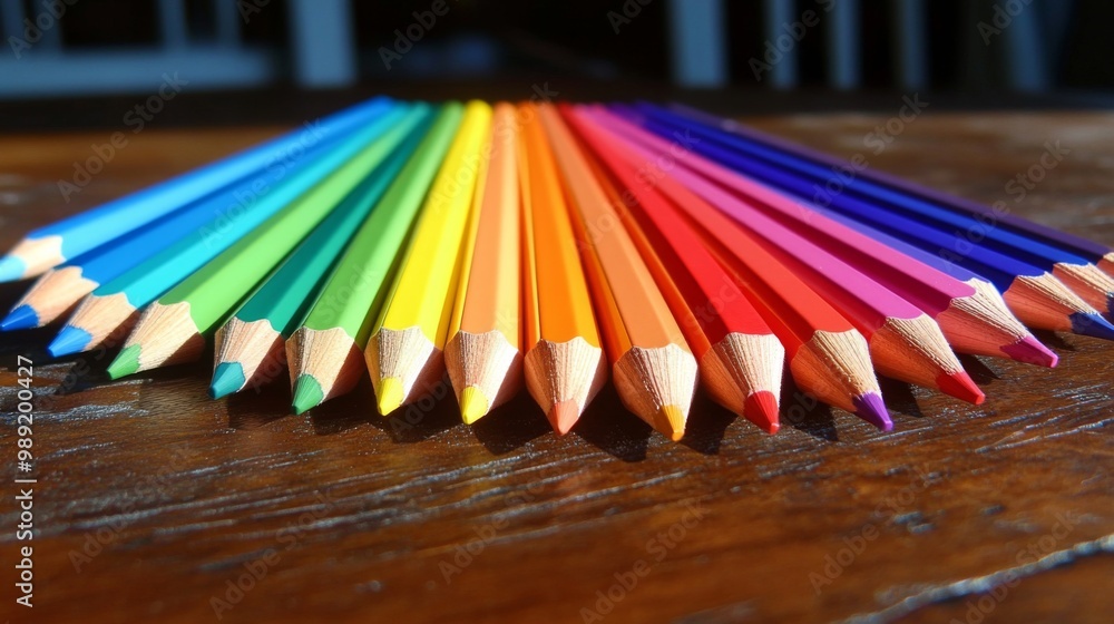 A vibrant array of colored pencils arranged in a rainbow gradient on a wooden desk, ready for artistic creativity, highlighting the joy of coloring and drawing. A vibrant array of colored pencils arranged in a rainbow gradient on a wooden desk, ready for artistic creativity, highlighting the joy of coloring and drawing.