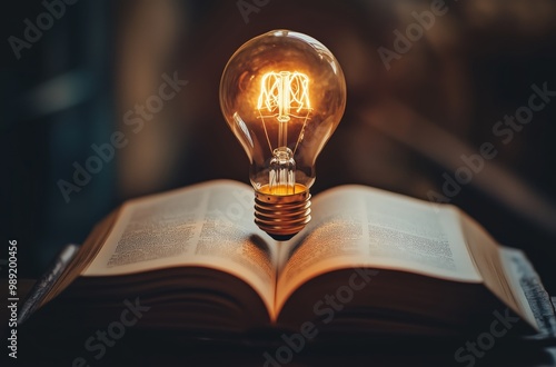 Open book with glowing lightbulb - Symbol of knowledge and ideas