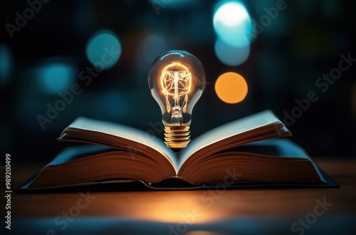 Open book with glowing lightbulb - Symbol of knowledge and ideas