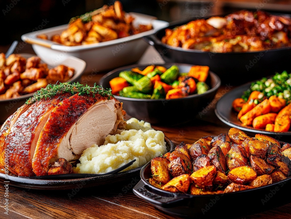 A hearty buffet spread featuring roasted turkey, mashed potatoes, gravy, and a variety of roasted vegetables, set in a warm and inviting dining space A hearty buffet spread featuring roasted turkey, mashed potatoes, gravy, and a variety of roasted vegetables, set in a warm and inviting dining space