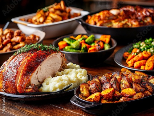 A hearty buffet spread featuring roasted turkey, mashed potatoes, gravy, and a variety of roasted vegetables, set in a warm and inviting dining space