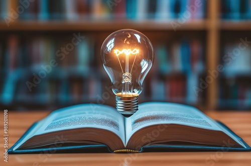 Open book with glowing lightbulb - Symbol of knowledge and ideas
