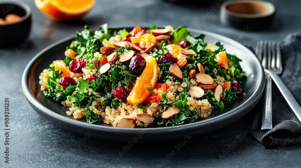 A healthy kale and quinoa salad with roasted almonds, cranberries, and a citrus vinaigrette, beautifully arranged on a ceramic plate A healthy kale and quinoa salad with roasted almonds, cranberries, and a citrus vinaigrette, beautifully arranged on a ceramic plate