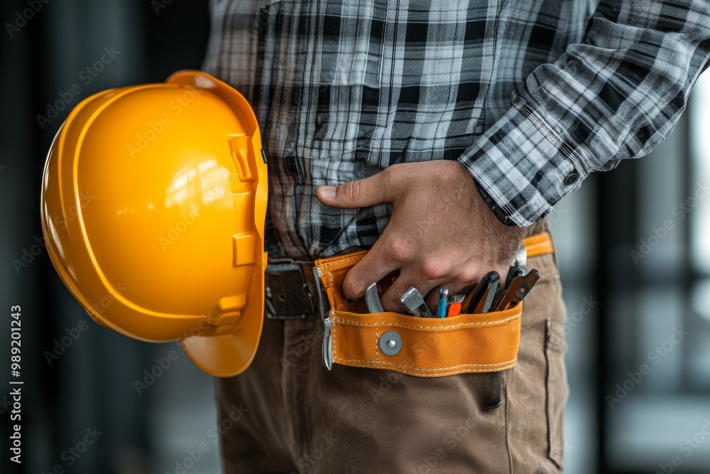 A man holding a yellow helmet in one hand with a tool belt on his, showing tools inside the pocket at a construction site. Generative AI A man holding a yellow helmet in one hand with a tool belt on his, showing tools inside the pocket at a construction site. Generative AI