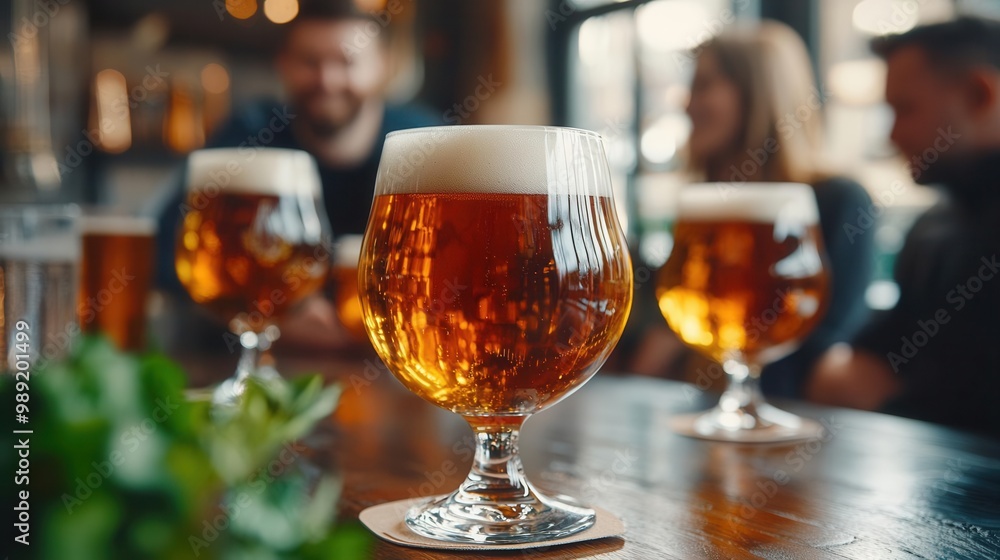 Close-up of beer glasses on a wooden table with a cozy indoor atmosphere. Close-up of beer glasses on a wooden table with a cozy indoor atmosphere.