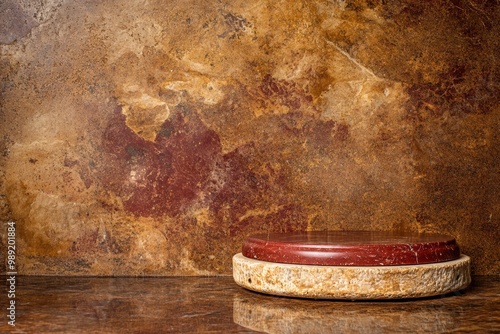 Rustic podium on wooden surface textured backdrop