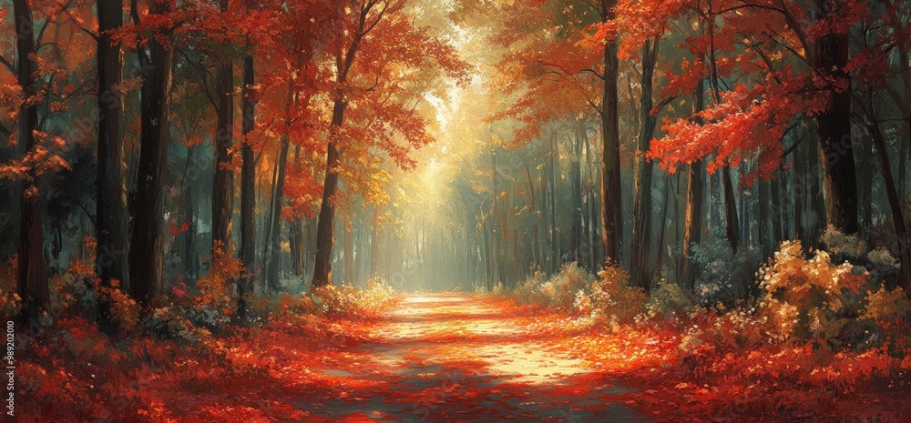 Obraz premium Sunbeams illuminating a pathway through a forest of red autumn leaves.