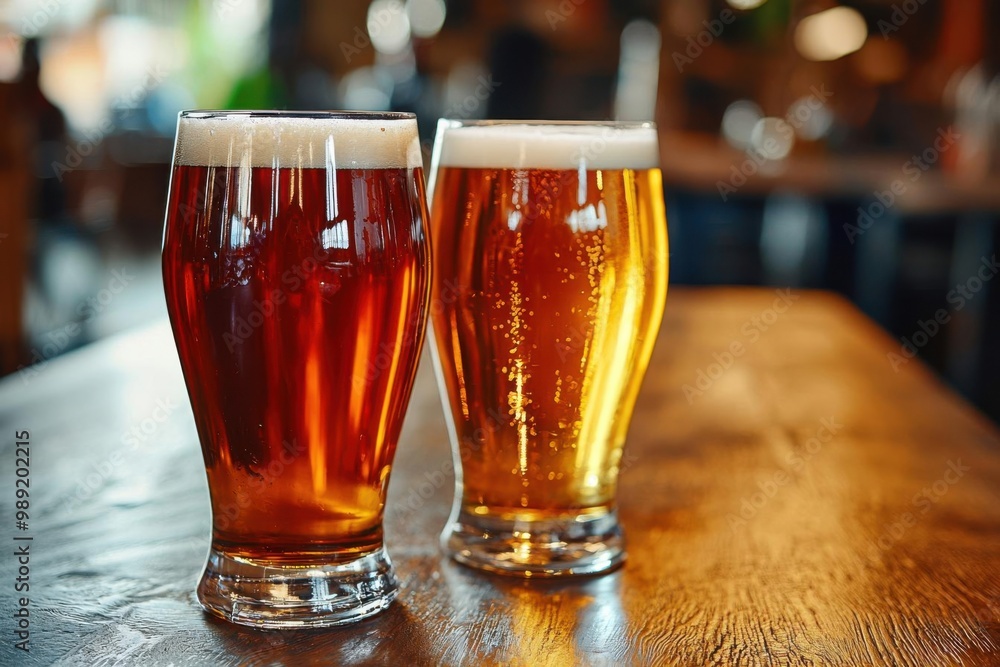 Two glasses of beer with foam on top, placed on a wooden table. Two glasses of beer with foam on top, placed on a wooden table.
