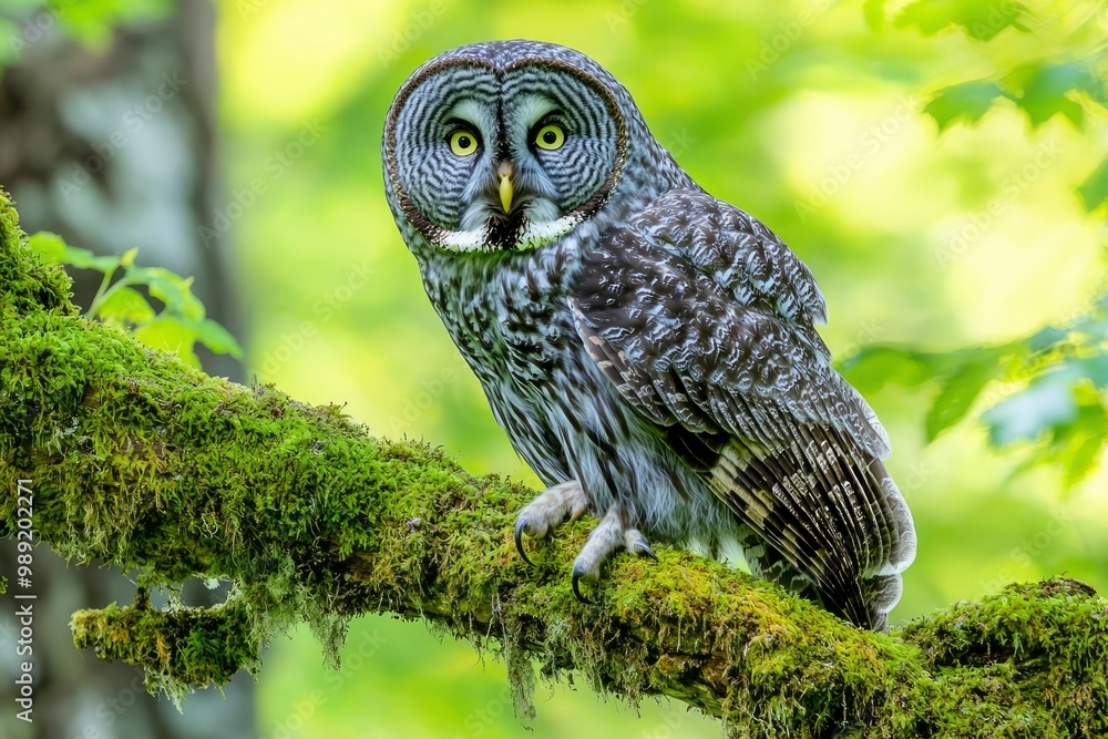 Fototapeta premium A Great Grey Owl Perched on a Moss-Covered Branch