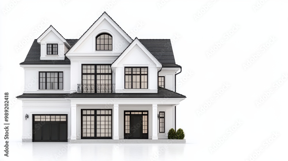 A large white house with a black roof and a black garage door. The house has many windows, including a large one on the front. The house is very clean and well-maintained A large white house with a black roof and a black garage door. The house has many windows, including a large one on the front. The house is very clean and well-maintained
