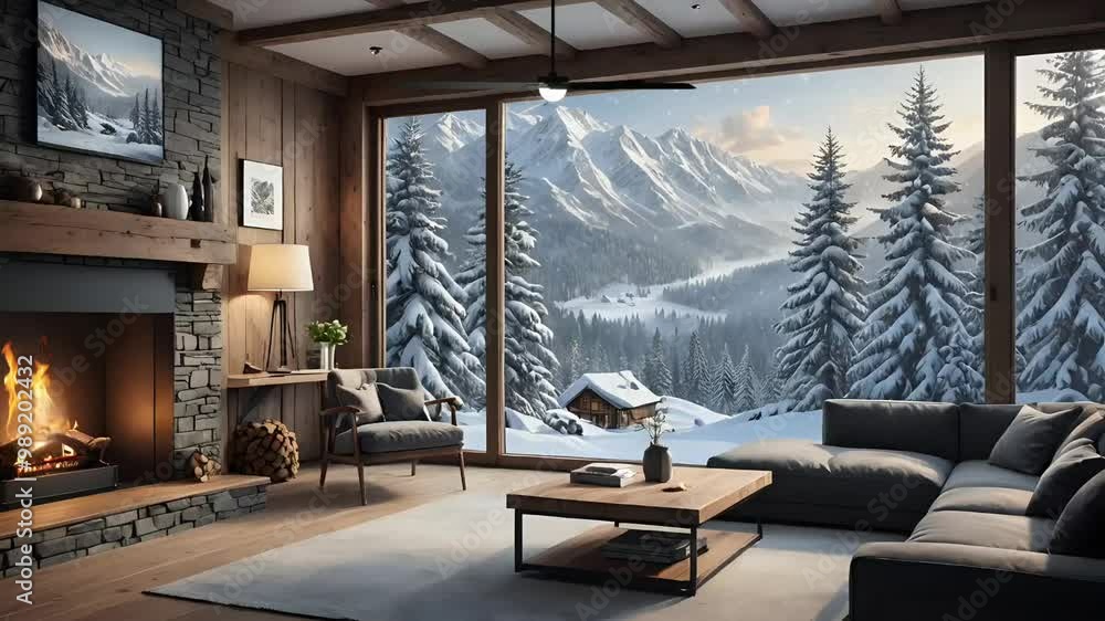 Modern living room with cozy fireplace and minimalist decor, showcasing comfort and warm ambiance, video HD Modern living room with cozy fireplace and minimalist decor, showcasing comfort and warm ambiance, video HD