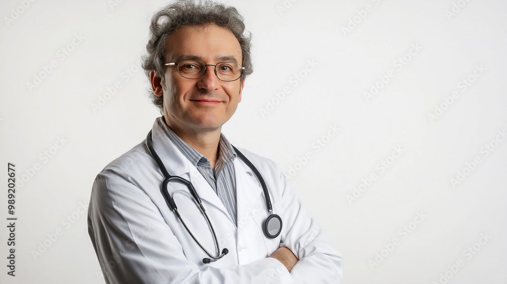 Portrait of confident senior medical doctor on white background and copyspace Portrait of confident senior medical doctor on white background and copyspace