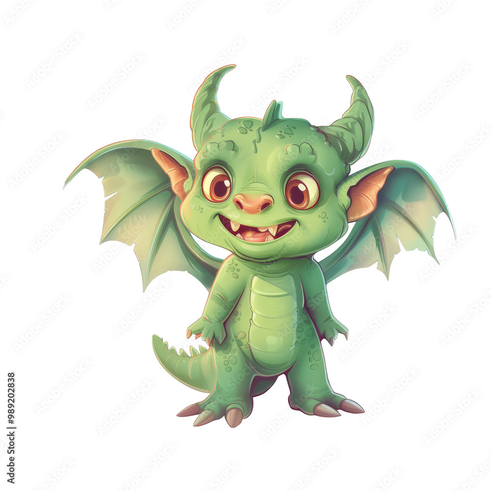 A cute, cartoon green dragon with large wings and horns smiles for the camera. A cute, cartoon green dragon with large wings and horns smiles for the camera.