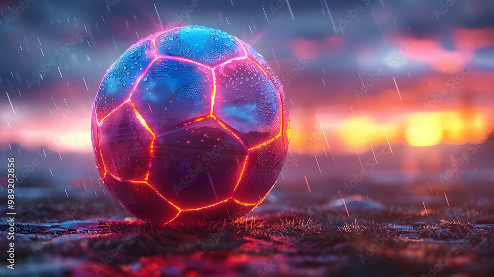 Naklejka premium Glowing Soccer Ball in the Rain - 3D Illustration