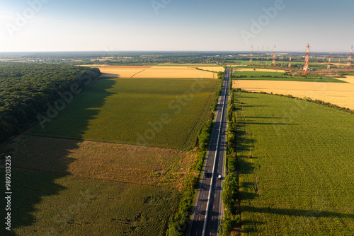 DN1 National road that crosses Romania and leads to Bucharest. Aerial view with DN1 national road. Roads and highways of Romania. photo