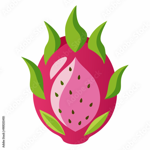 Fresh Dragon Fruit Pitaya With Seeds And Green Spikes Flat Vector Graphic