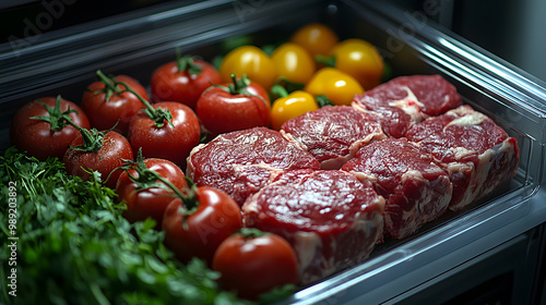 Fresh meat and vegetables neatly arranged in a refrigerator drawer, showcasing vibrant colors and textures ideal for cooking. photo