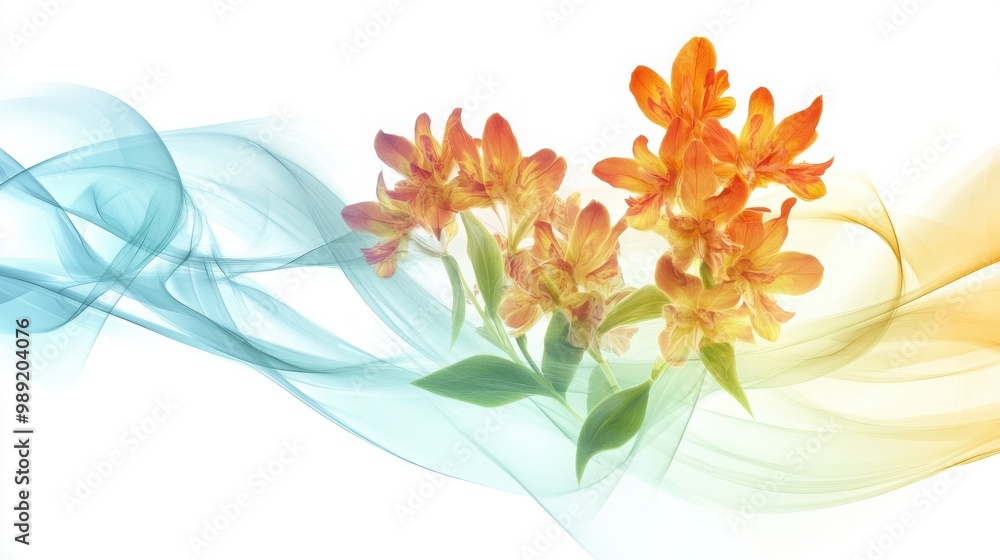 Obraz premium Vibrant orange flowers with swirling blue and yellow waves in the background.