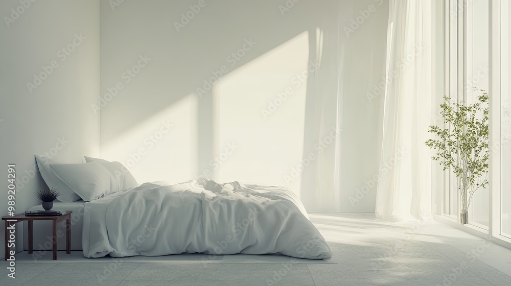 Fototapeta premium minimalist bedroom free of clutter, promoting cleanliness and a peaceful, organized environment