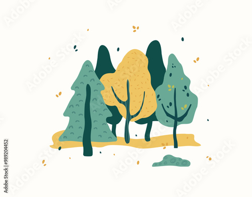 composition of wood,  leaves. a flat design element, hand-drawn. Botanical autumn design. trendy landscape in a minimalist style. art modern, isolated illustration.