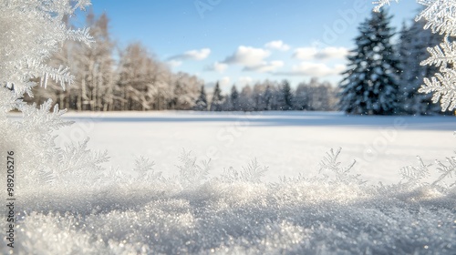 A snowy field with trees in the background. The snow is very thick and the trees are bare