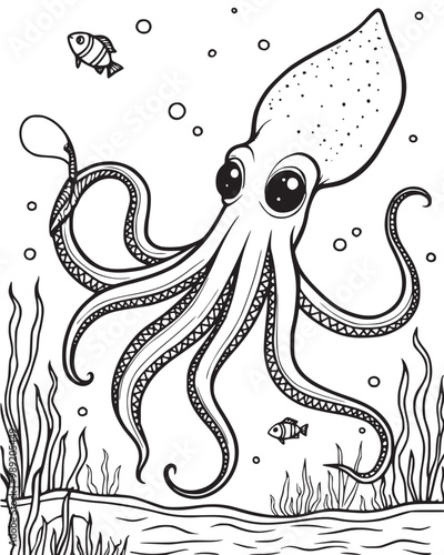 A squid propelling itself through the water, its tentacles trailing behind it, vector coloring page
