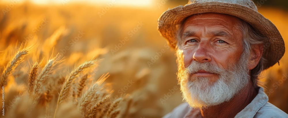 portrait of weathered but content middleaged caucasian farmer in sunlit field golden crops and blue sky create sense of abundance and connection to land portrait of weathered but content middleaged caucasian farmer in sunlit field golden crops and blue sky create sense of abundance and connection to land