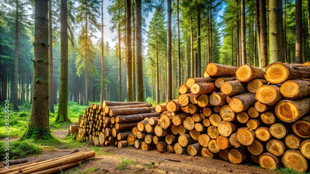 A stack of freshly cut logs in a lush forest setting A stack of freshly cut logs in a lush forest setting
