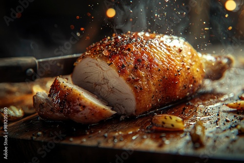 Roasted Chicken Leg with Crispy Skin on a Wooden Cutting Board photo