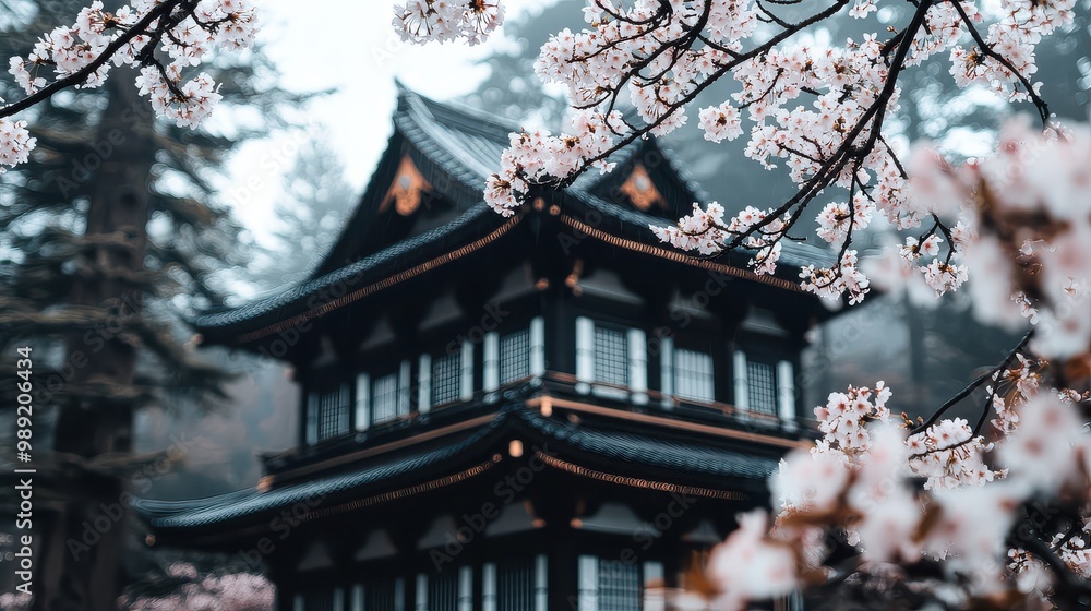 A black and white building with a roof of red tiles. The building is surrounded by trees and has a lot of pink flowers on the branches A black and white building with a roof of red tiles. The building is surrounded by trees and has a lot of pink flowers on the branches