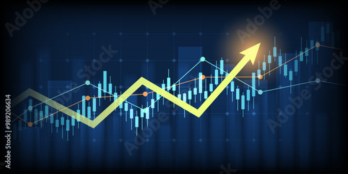 Abstract financial graph with uptrend line arrow and bar chart of stock market on blue color background