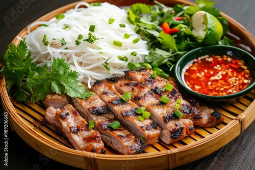 A fresh plate of Vietnamese bun cha with grilled pork, vermicelli noodles, fresh herbs, and dipping sauce, beautifully arranged on a bamboo tray photo