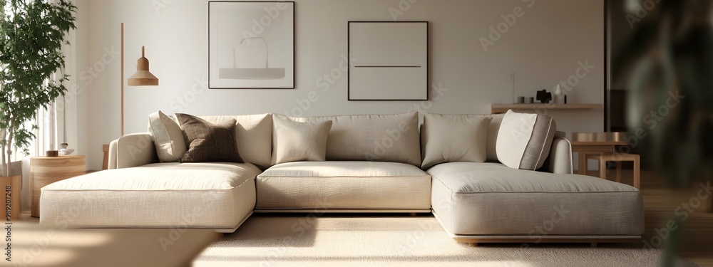 Cozy and Inviting Scandinavian Inspired Living Room with Minimalist Decor Featuring a Large Comfortable Sectional Sofa and Refined Natural Furnishings Cozy and Inviting Scandinavian Inspired Living Room with Minimalist Decor Featuring a Large Comfortable Sectional Sofa and Refined Natural Furnishings