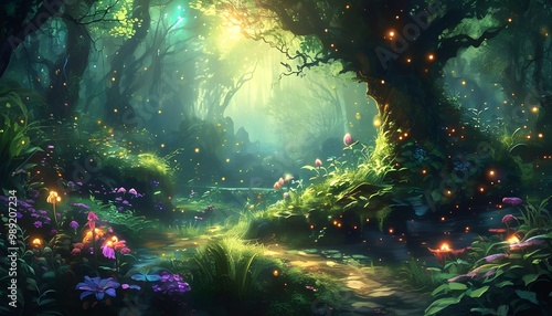 Mystical forest illuminated by ethereal lights amidst vibrant greenery in a captivating fantasy landscape